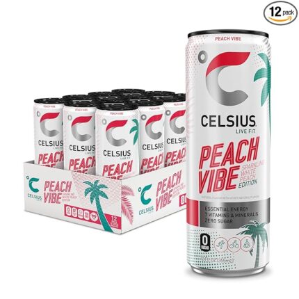 CELSIUS PEACH VIBE Sparkling White Peach, Sugar Free Energy Drink, 12 Fl Oz